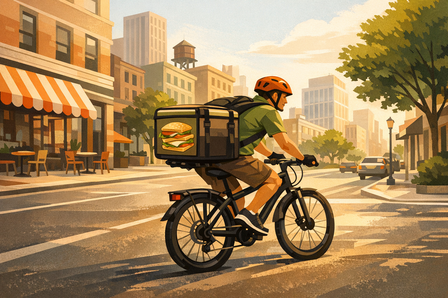 Delivery bike transporting sandwich orders through city streets
